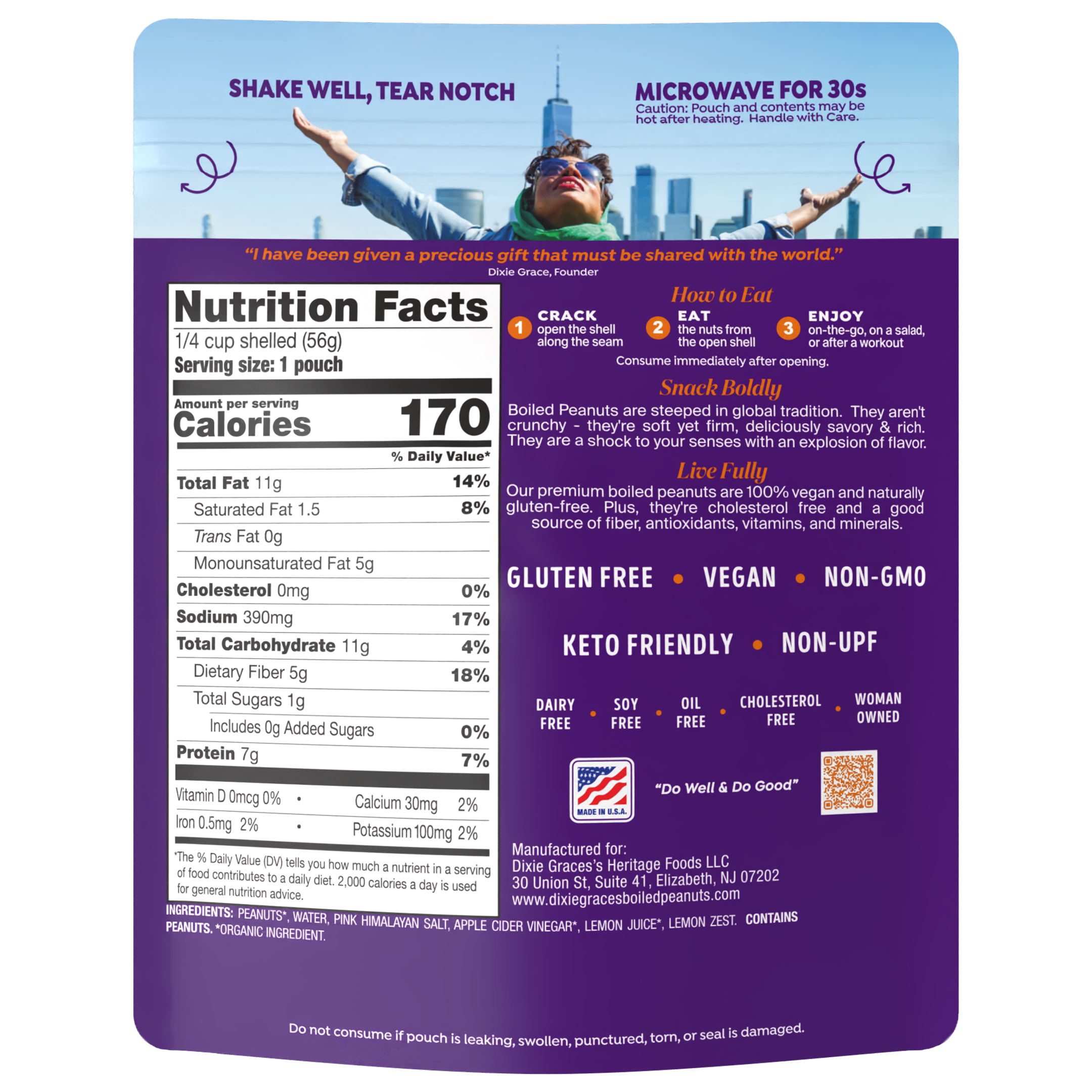 Dixie Grace's Original Boiled Peanuts pouch, back with nutrition facts and ingredients